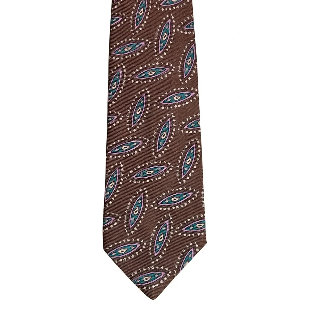 VTG Polo Ralph Lauren 100% Silk Necktie Hand Made in USA‎ Brown Pink Green 3.5
